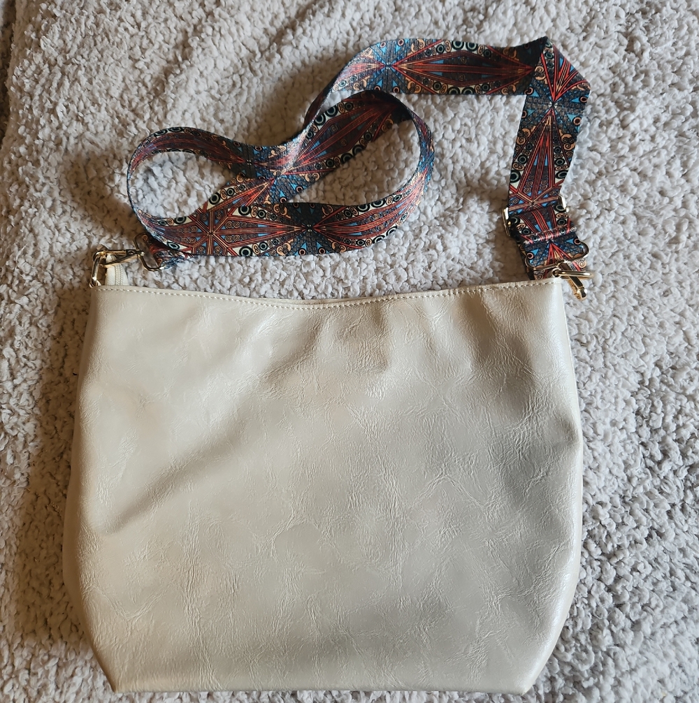 Cream Crossbody Bag with Patterned Strap